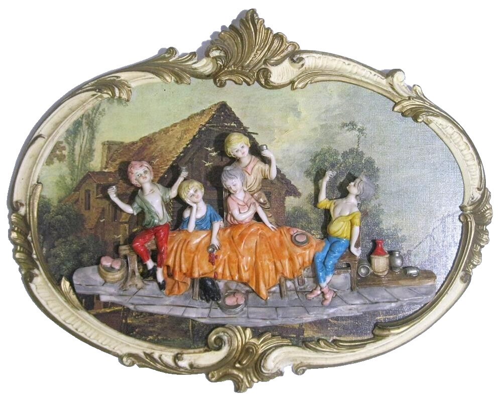 Vtg EMPIRE 3D Art Wall Decor Picture Plaque Rococo Frame Italy Kids Drinking
