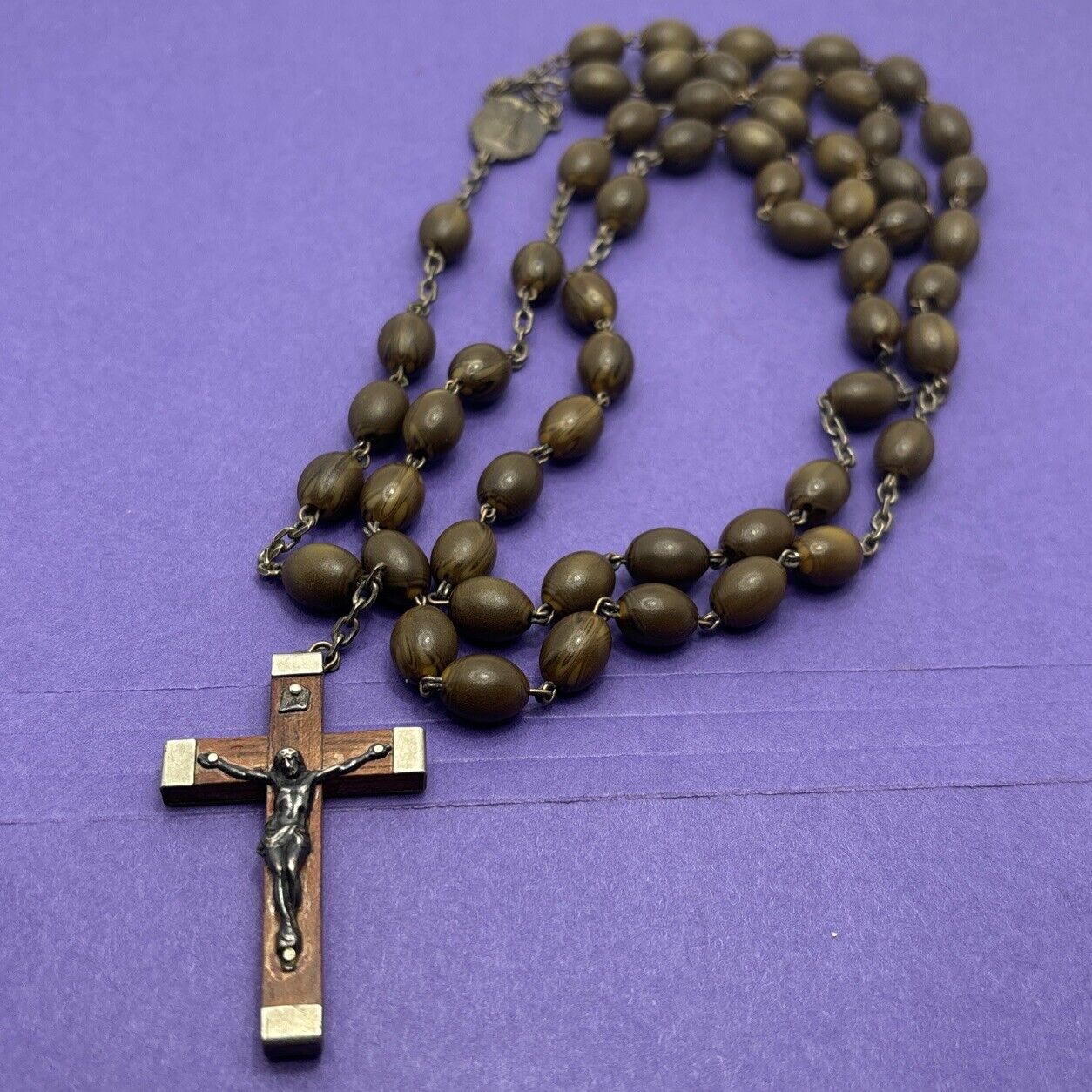 Rosary Religious Antique Cross Jesus Christ Wood Marron French Catholic Rosary