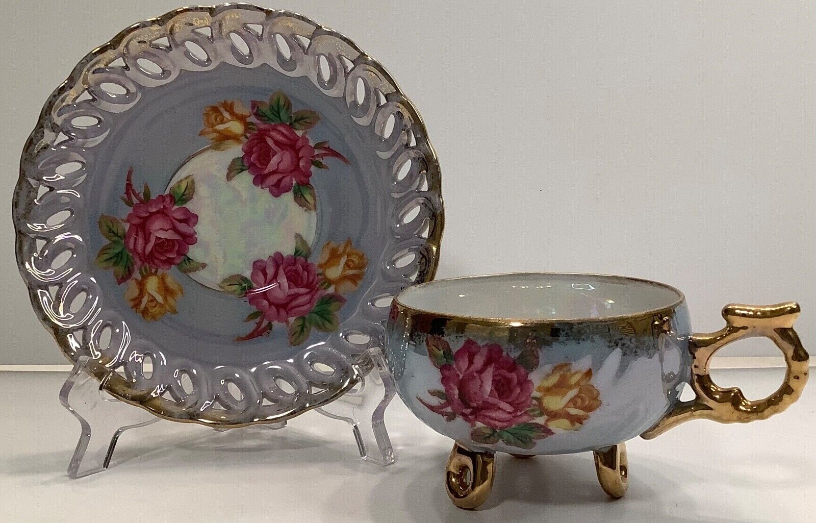 Royal Halsey Three Footed Lustreware Teacup & Reticulated Saucer Roses 