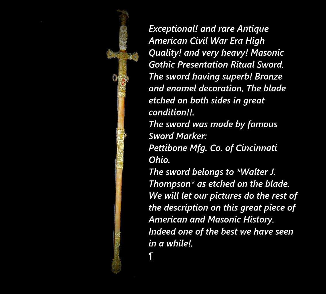 Antique Important Civil War Presentation Gothic Masonic Sword Knights Templar.