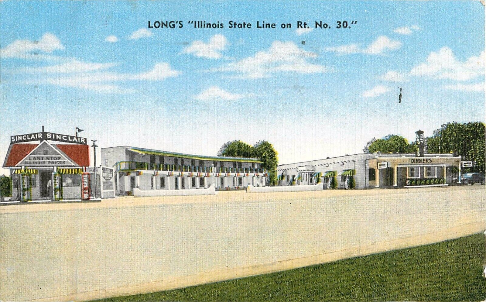 c1940s Long\'s Sinclair Gas Station, Illinois State LIne, Rt 30 Postcard