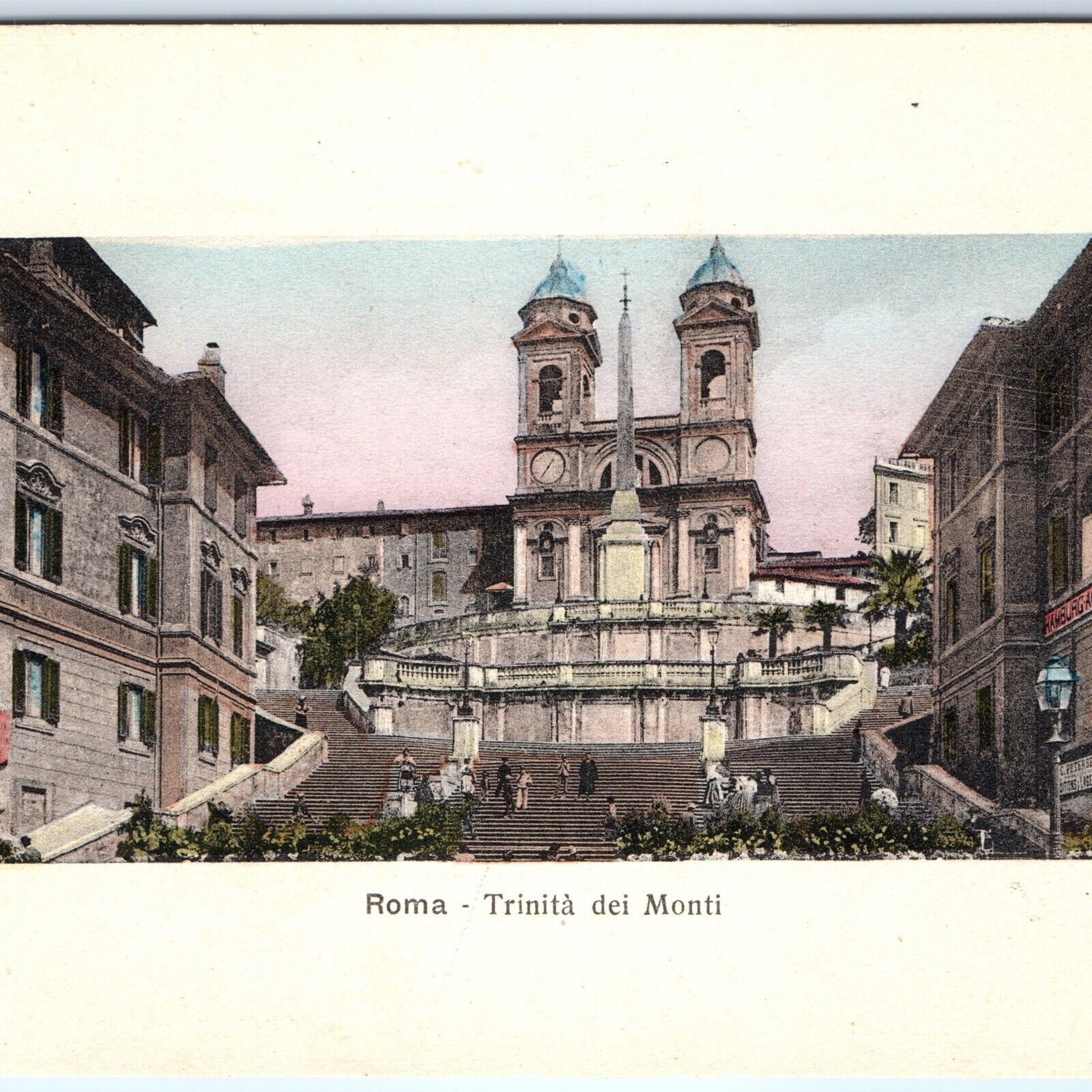 c1910s Rome, Italy Trinita dei Monti Roman Catholic Church Hand Colored Art A184