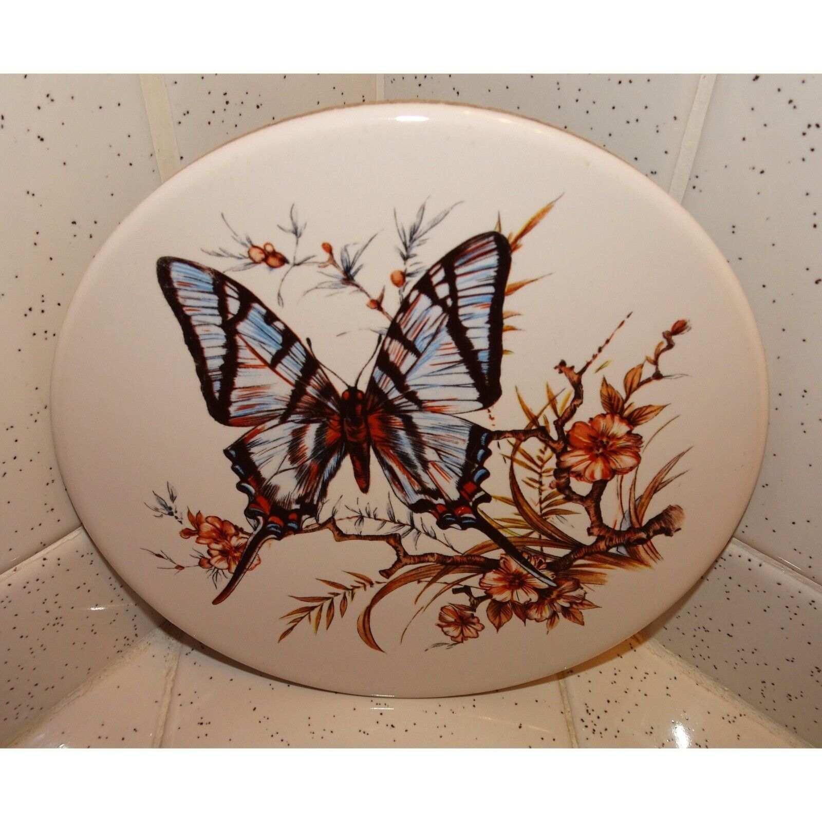 Vintage Round Butterfly & Flowers Ceramic Tile Trivet farmhouse decor retro