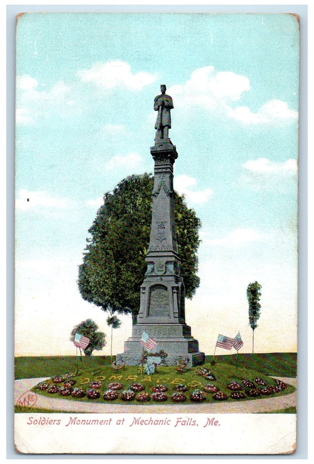 c1905's Soldier's Monument Statue Flags Trees Mechanic Falls Maine ME Postcard