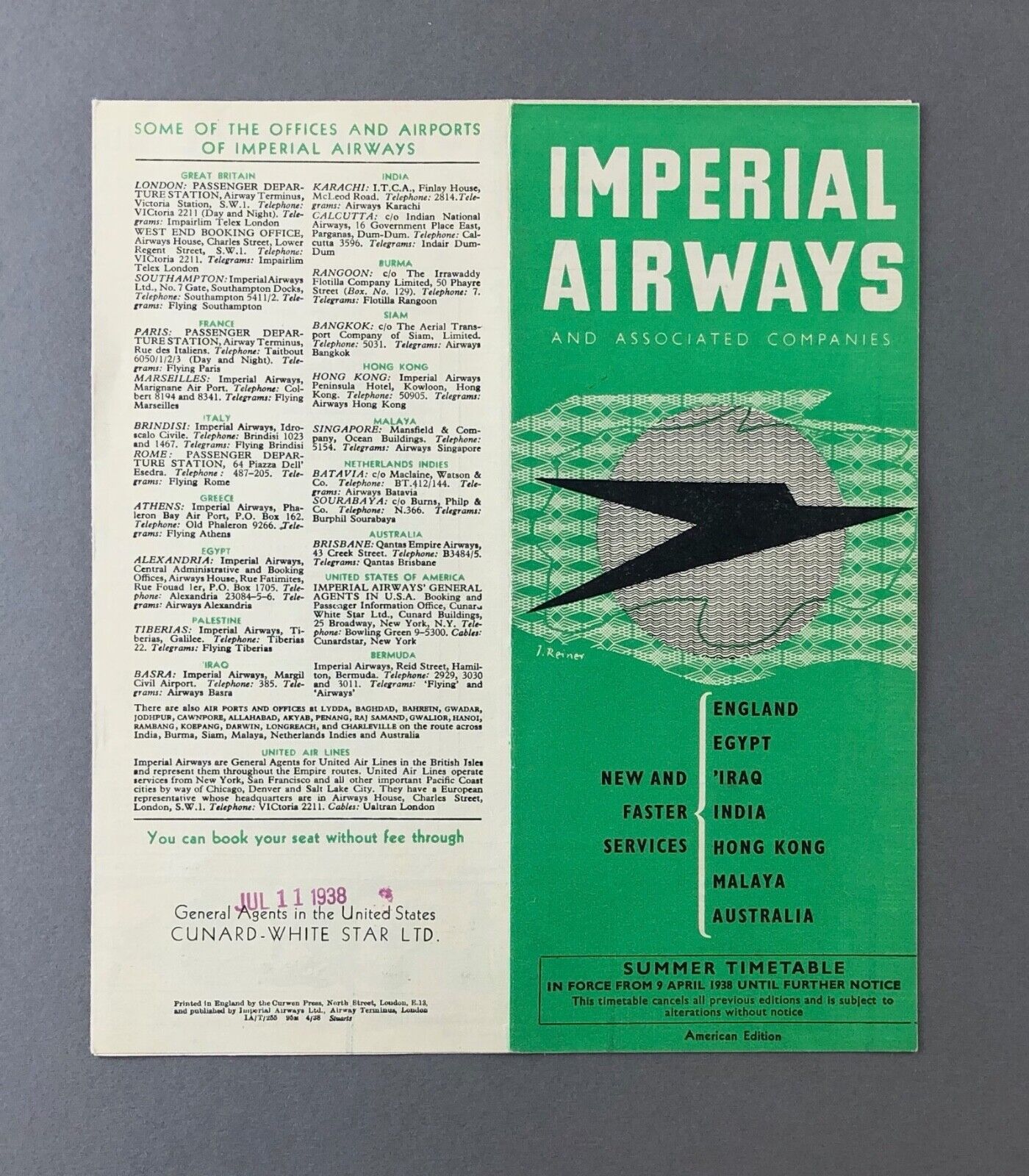 IMPERIAL AIRWAYS APRIL 1938 AIRLINE TIMETABLE EGYPT IRAQ HONG KONG AUSTRALIA