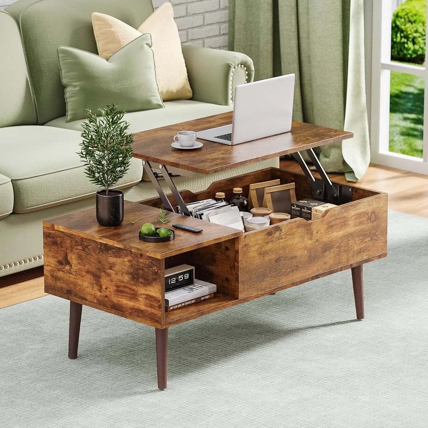 Modern Lift Top Coffee Table Wooden Furniture with Storage Shelf and Hidden Comp