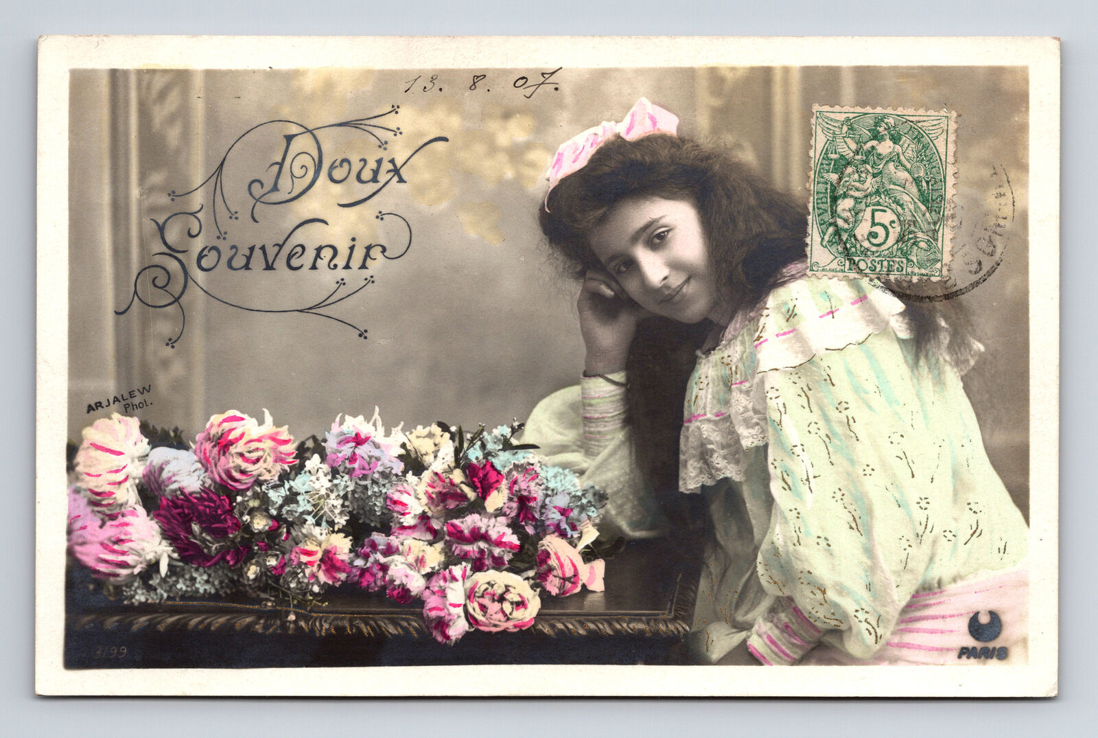 RPPC French Portrait Young Girl Flowers Carnation Hand Colored AR JALEW Postcard