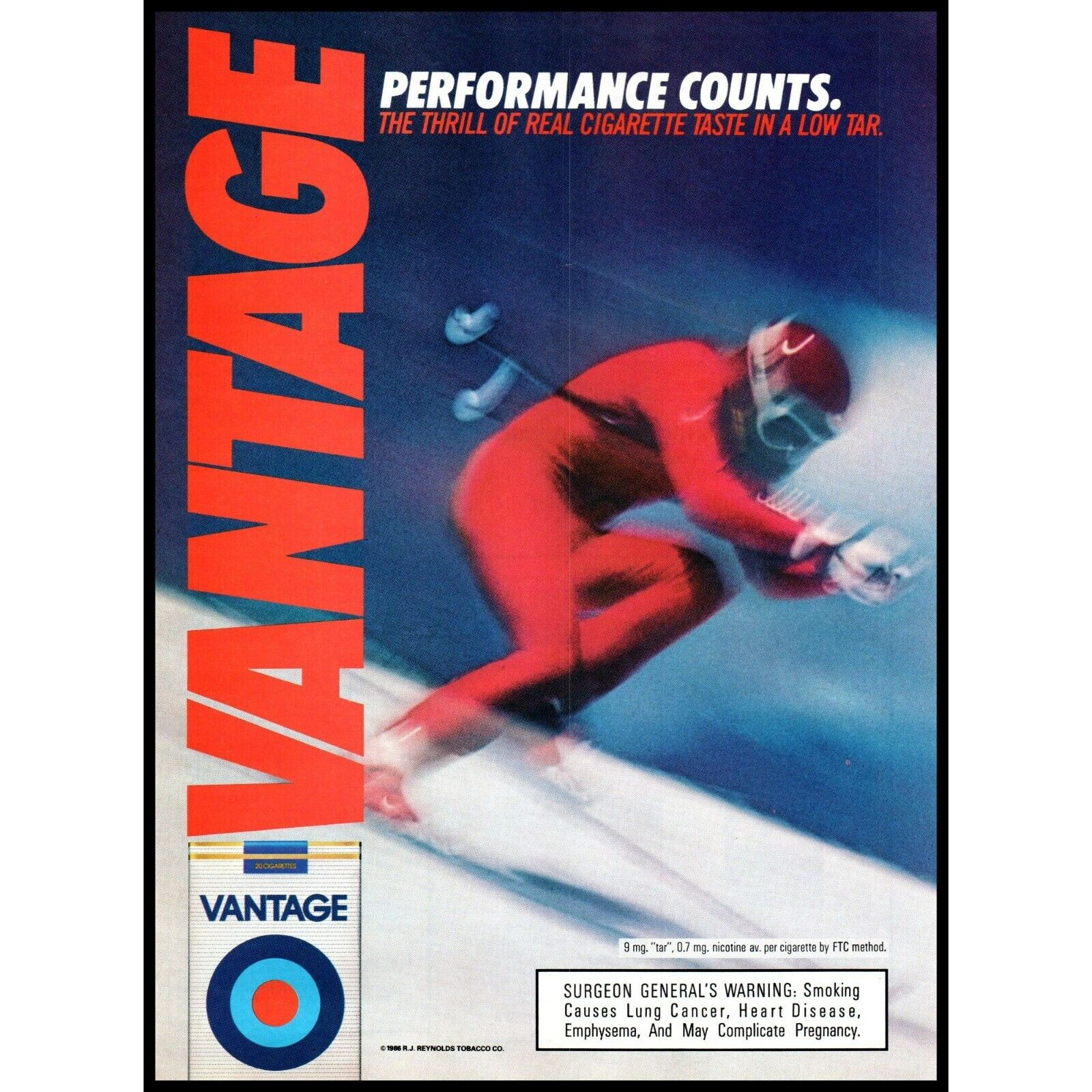 1986 Vantage Cigarettes Vintage Print Ad Downhill Alpine Mens Skier Wall Art