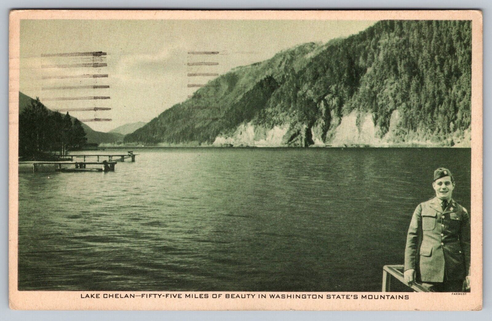 Lake Chelan Fifty Five 55 Miles Washington Mountains Red Cross Postcard - M3
