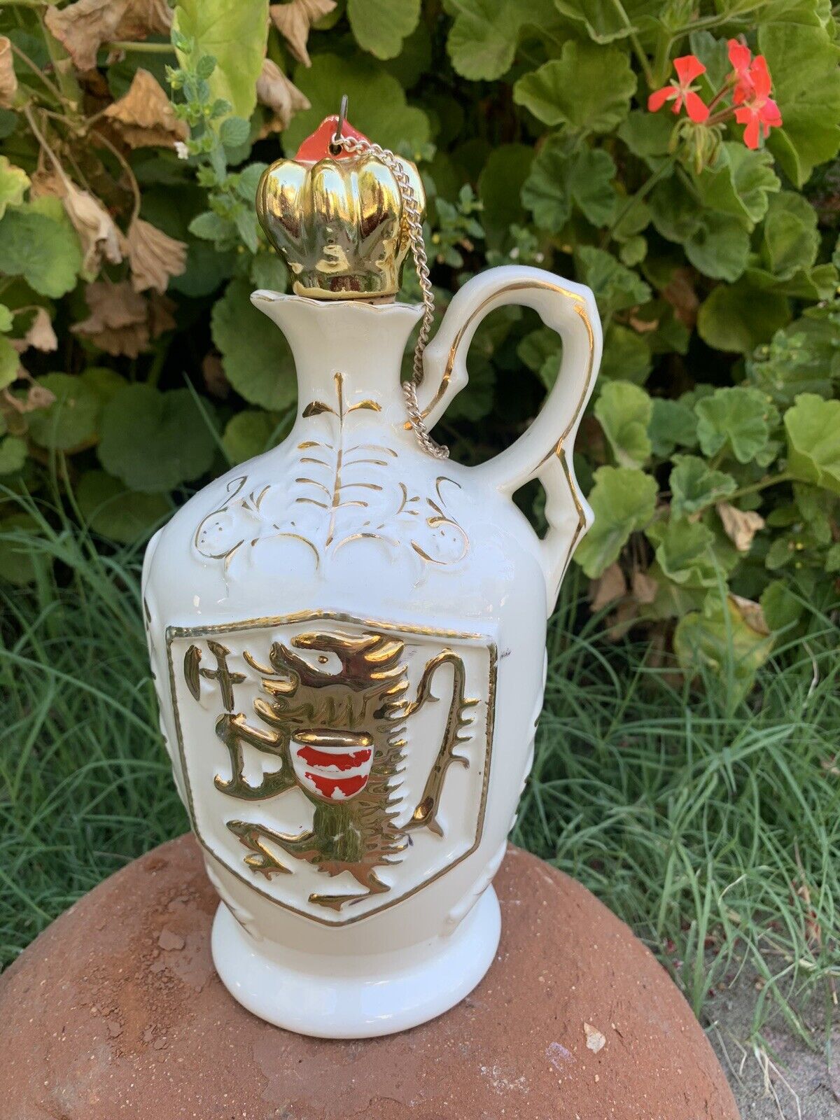 Vintage Wine Bottle Decanter Music Box With Royal Crown Shield And Symbols
