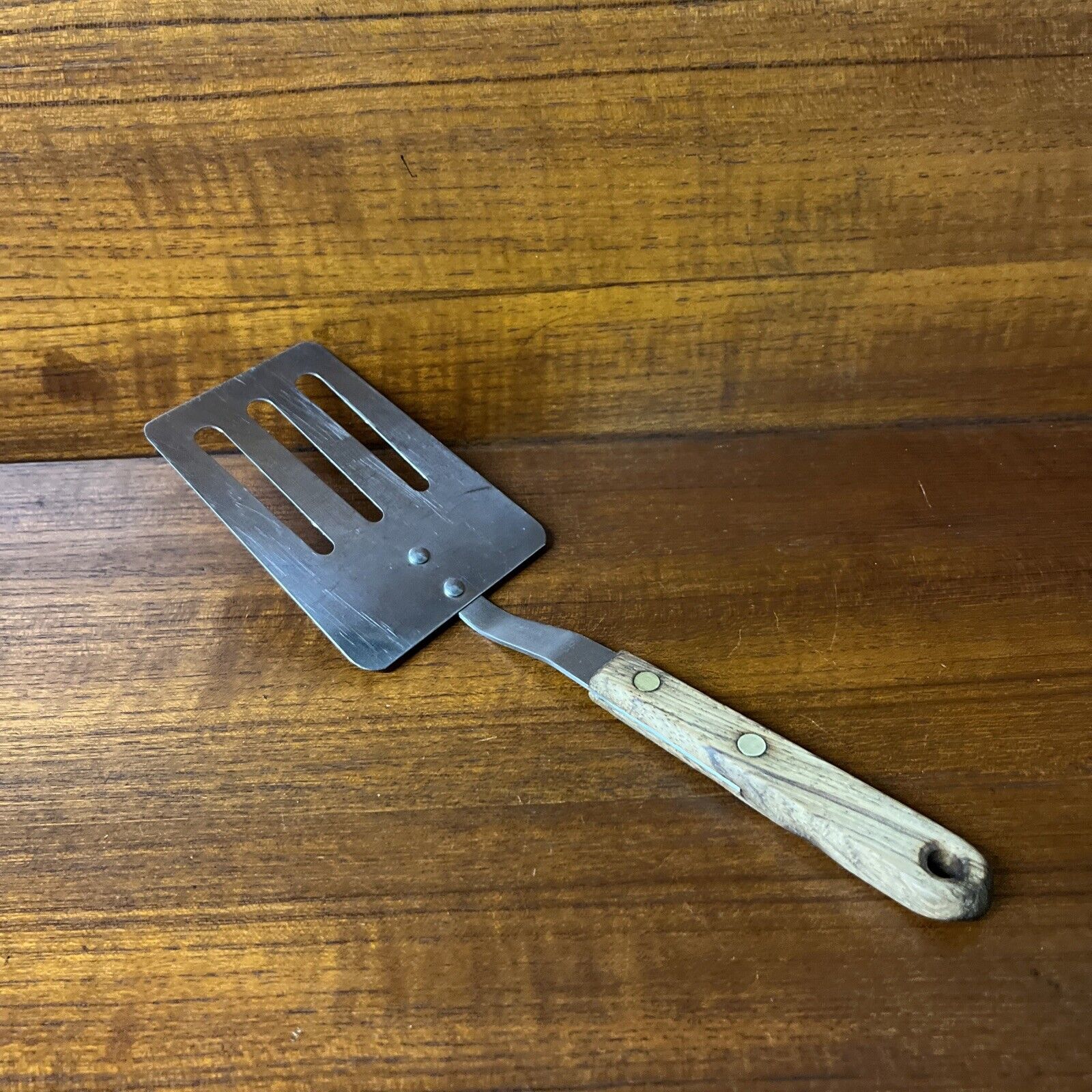 Vintage Robinson Stainless Slotted Spatula 11” Short Wood Handle