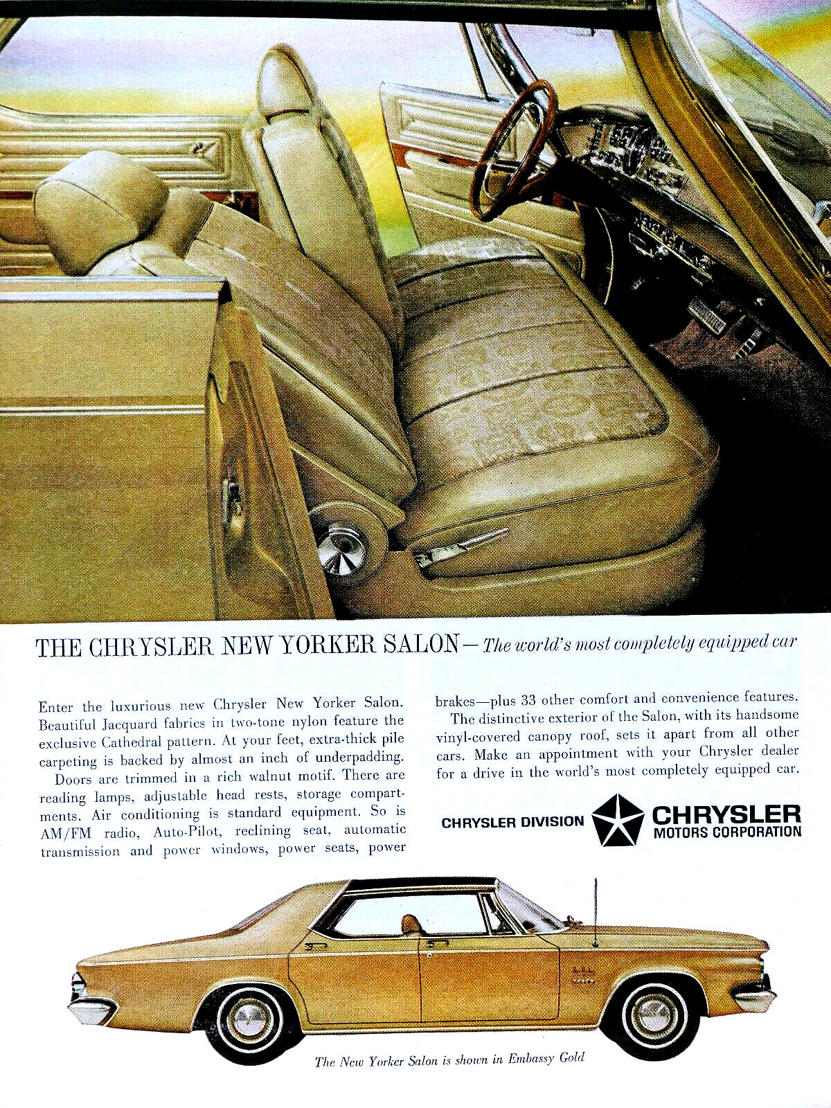 1963 Chrysler New Yorker Salon Vintage Embassy Gold Original Print Ad 8.5 x 11\