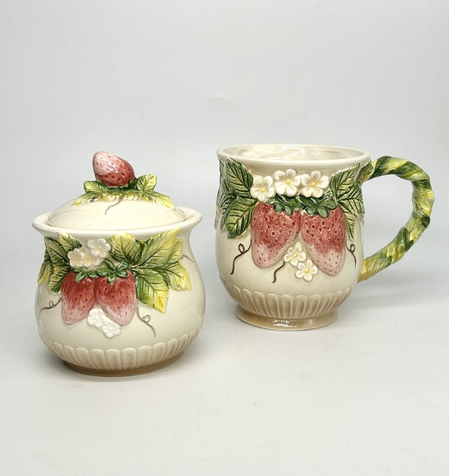 Takahashi San Francisco Strawberry Sugar Bowl & Coffee Mug Cup Hand painted