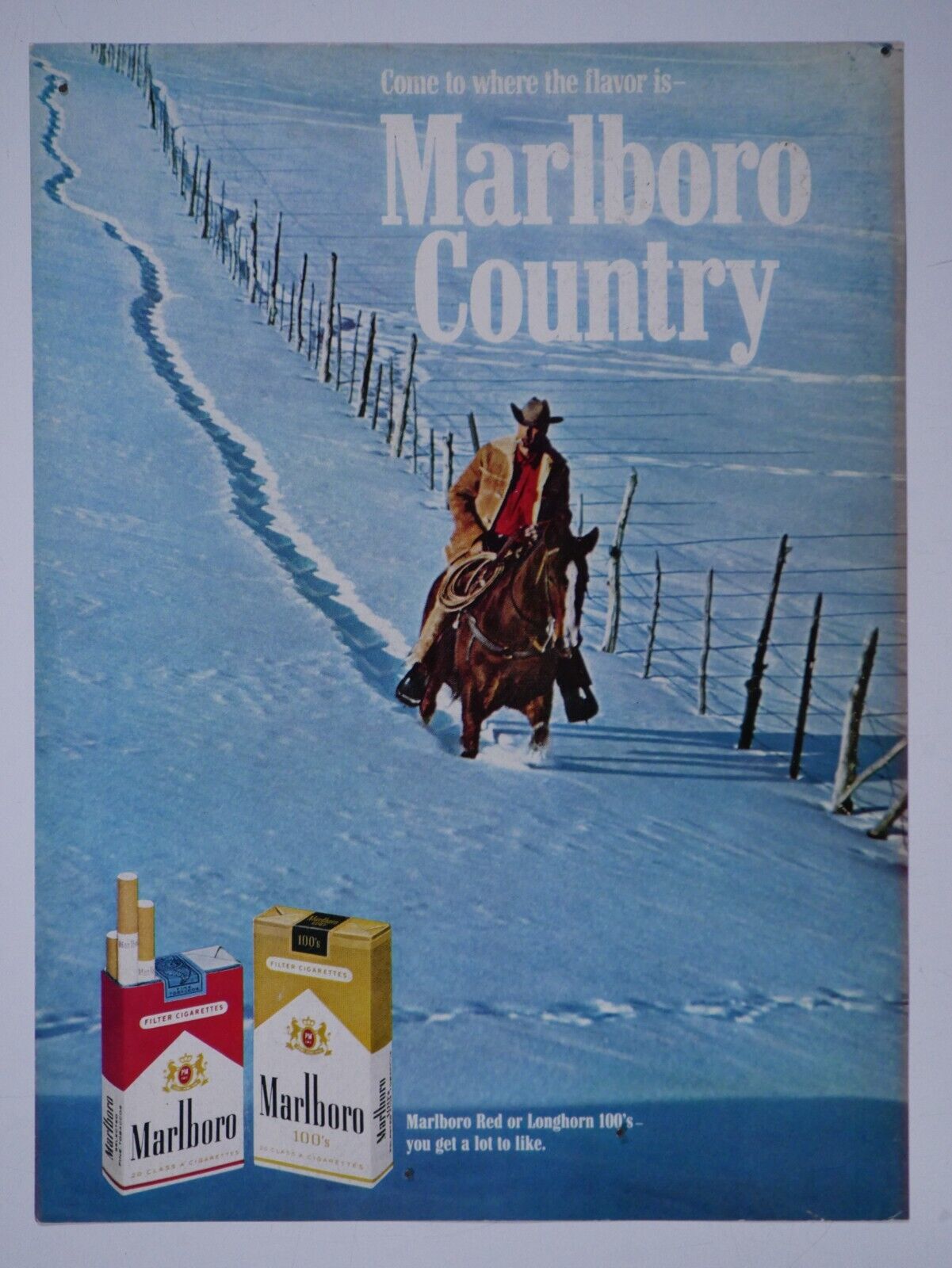 Marlboro Man Cowboy Vintage 69 Riding Snowy Fence Line Original Print Ad 8 x 11\