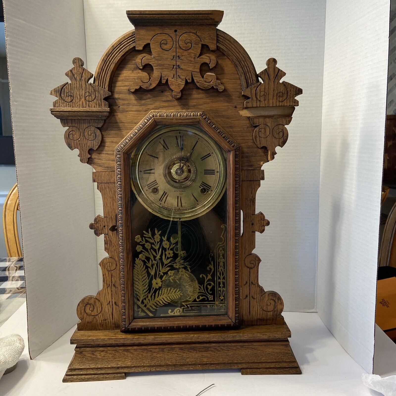 Vintage Antique Seth Thomas gingerbread Time & Strikes clock,carved Walnut Case