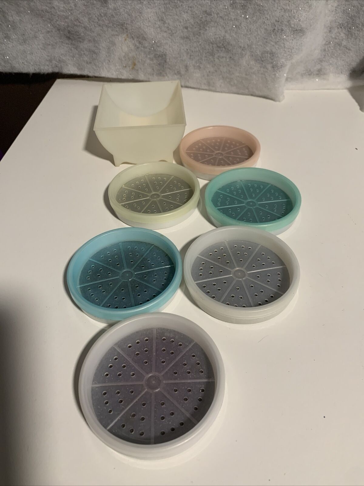 Vintage Tupperware Coasters Pastel Wagon Wheel  (567) Set of 6 with Caddy (566)