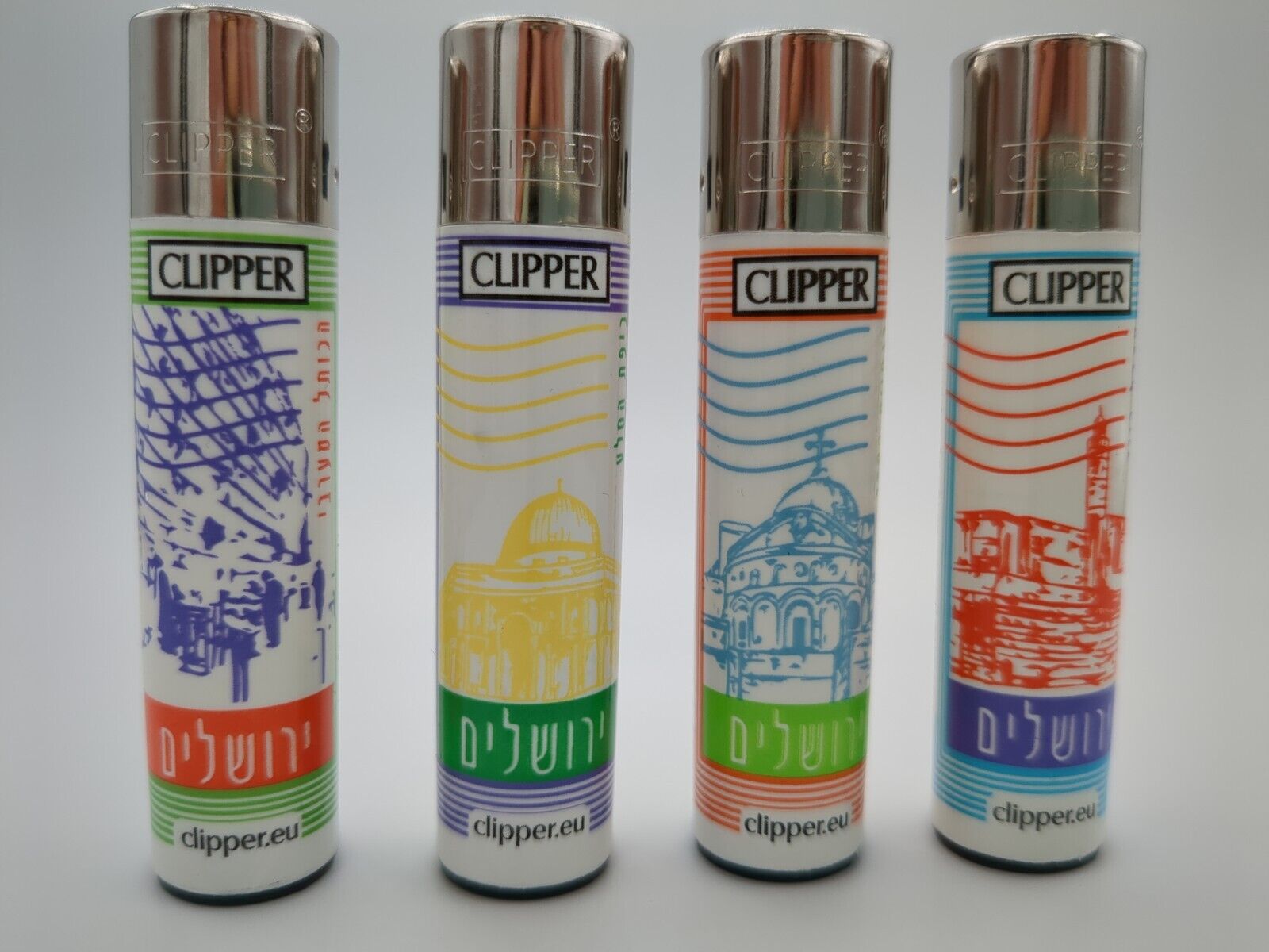 Brand New 4 Clipper Lighters Jerusalem Collection Full Set Refillable Lighters