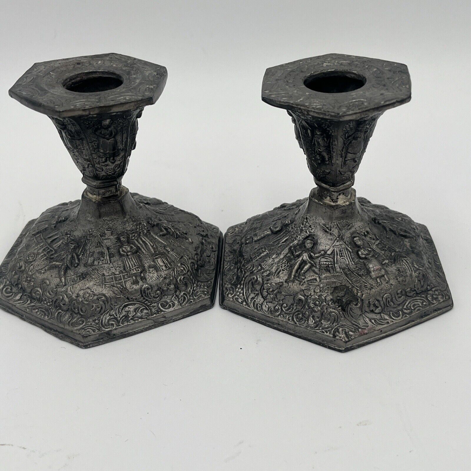 vintage J.B. pair of Dutch windmill & lady by house Candlestick candle holders 