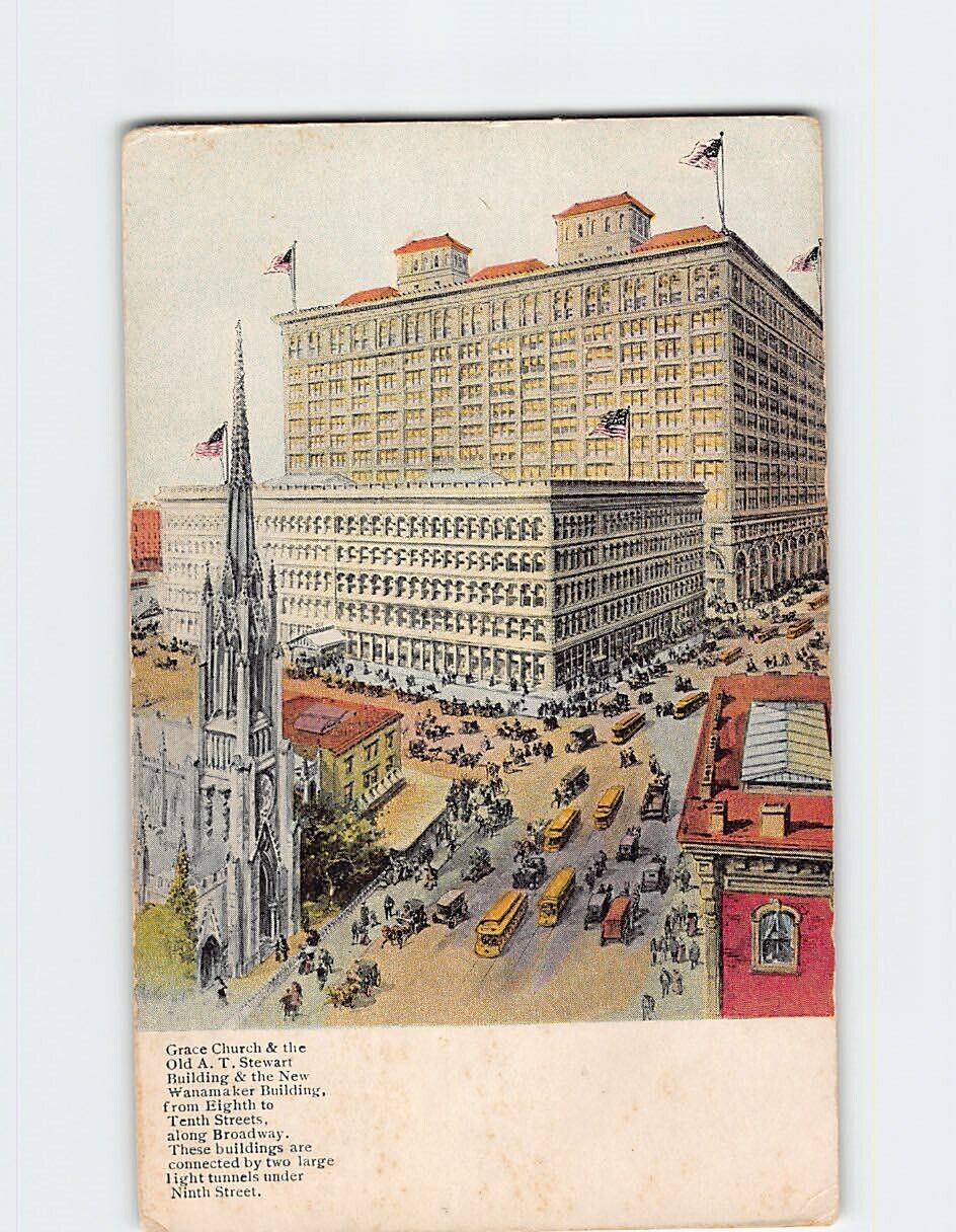 Postcard Grace Church, Old AT Stewart Building & Wanamaker Buildings NY USA