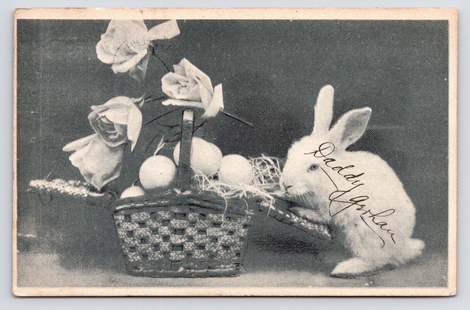 c1910 Easter Bunny Playing with Flower Egg Basket Light Druck Greetings Postcard