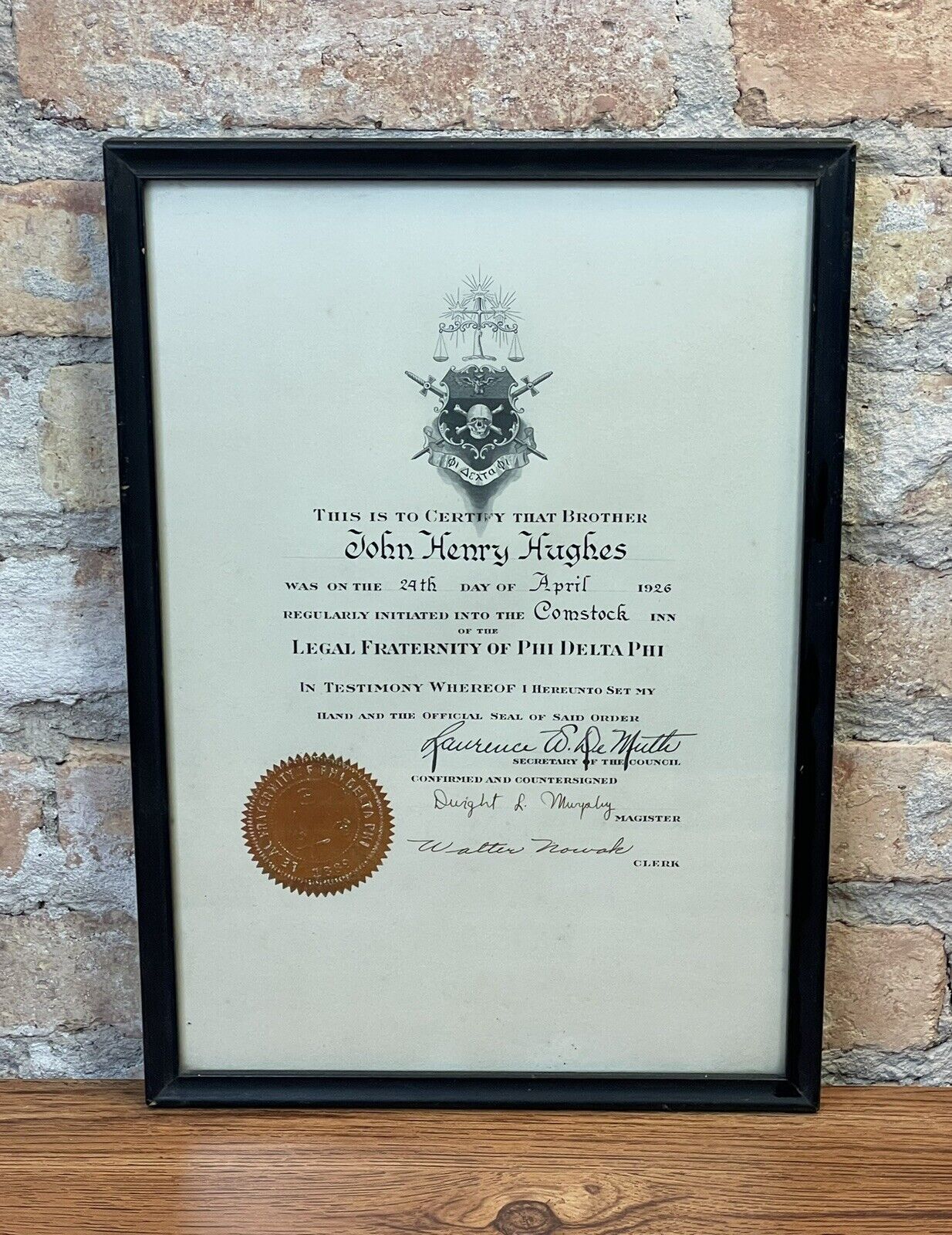 Antique Phi Delta Phi Fraternity Certificate Framed 1926 Skull & Crossbones VTG