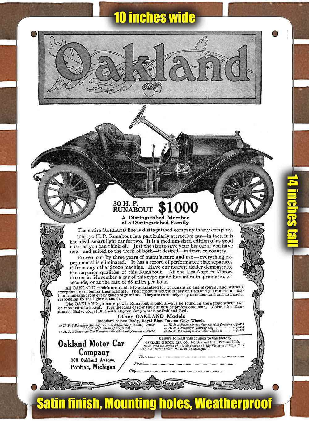 Metal Sign - 1911 Oakland - 10x14 inches