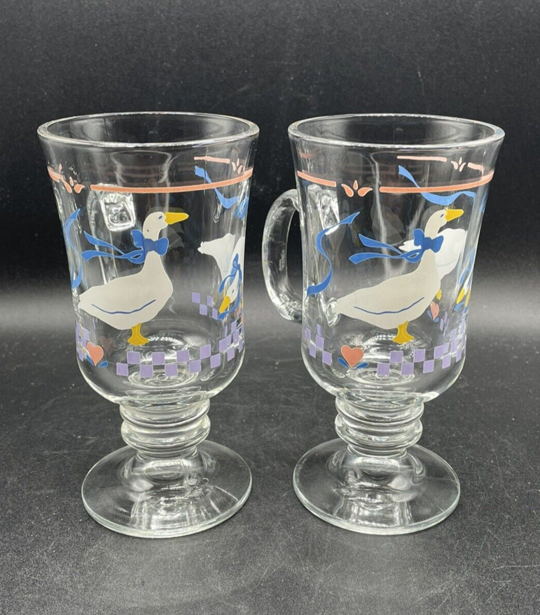 Latte Irish Coffee Cups/Mugs Libbey Geese Blue Ribbon Set of 2 Footed Vintage