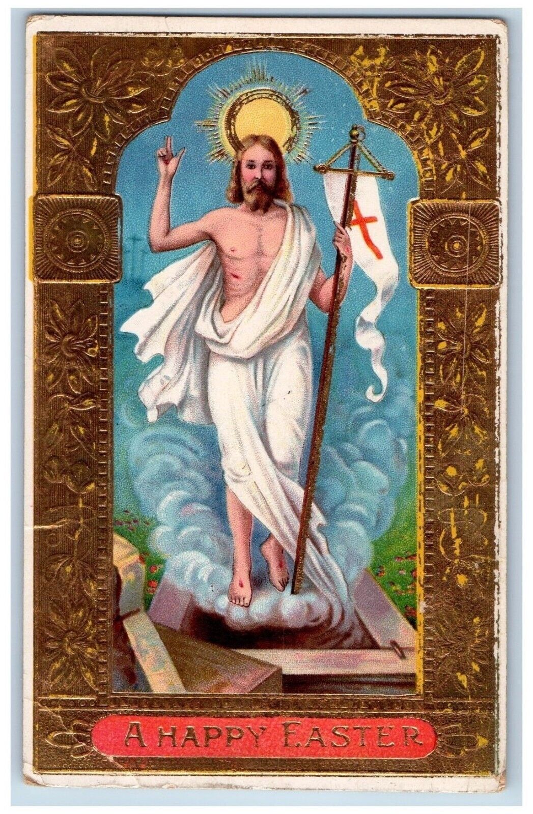 Easter Postcard Religious Jesus Christ Gel Gold Gilt Embossed c1910\'s Antique