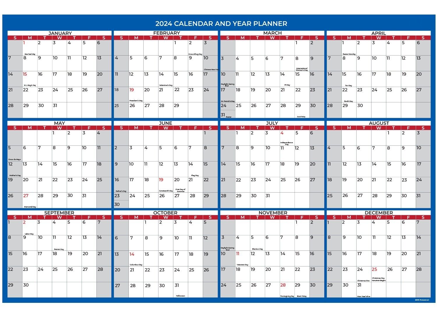 2024 Wall Calendar Wet & Dry Erase Laminated 12 Month Annual Year 12x18