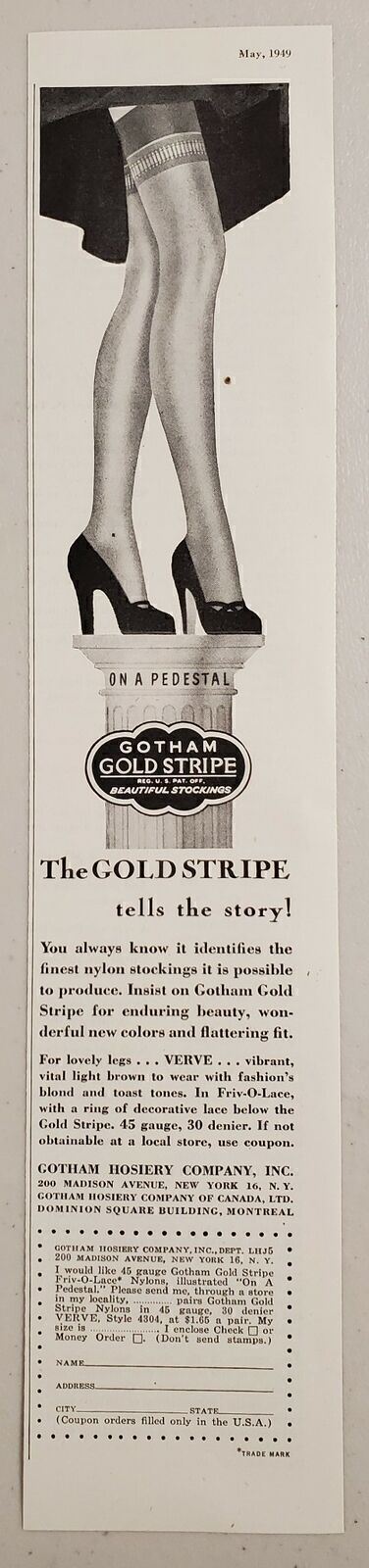 1949 Print Ad Gotham Gold Stripe Nylon Beautiful Stockings New York,NY