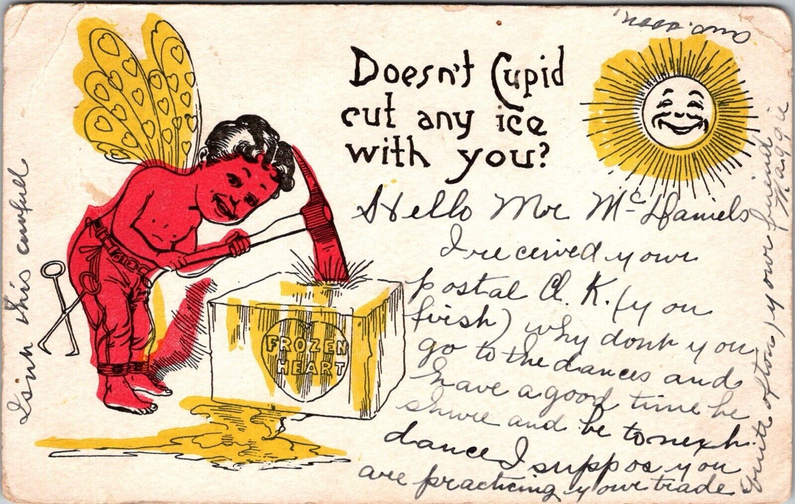 c1907 Hand Colored Valentine Postcard Doesn't Cupid Cut Any Ice With You JB29