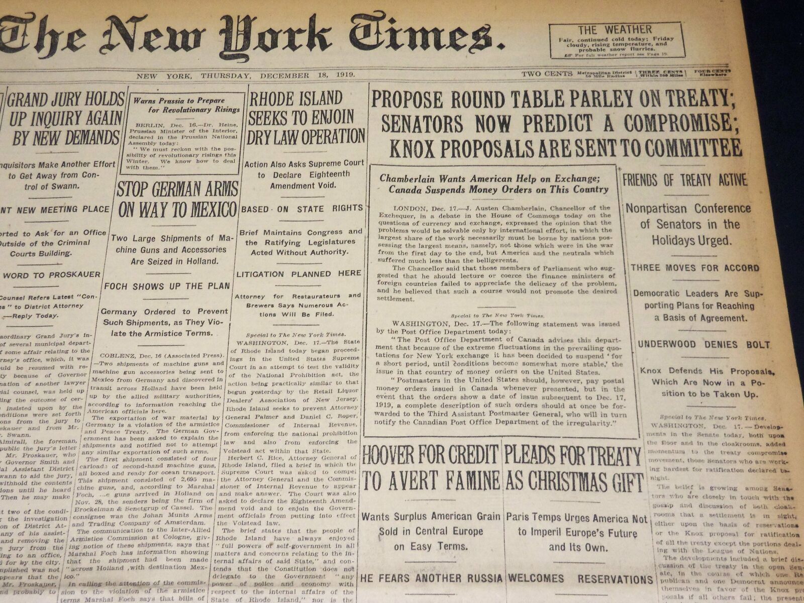 1919 DECEMBER 18 NEW YORK TIMES - SENATORS PREDICT A COMPROMISE - NT 8539