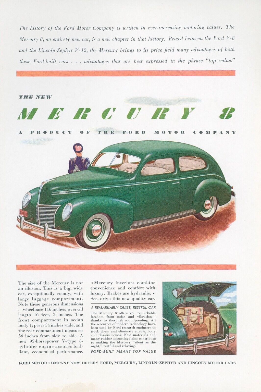 1939 Mercury 8 Vintage Car Ad Auto 95 Horsepower V8 Cylinder Roomy Trunk