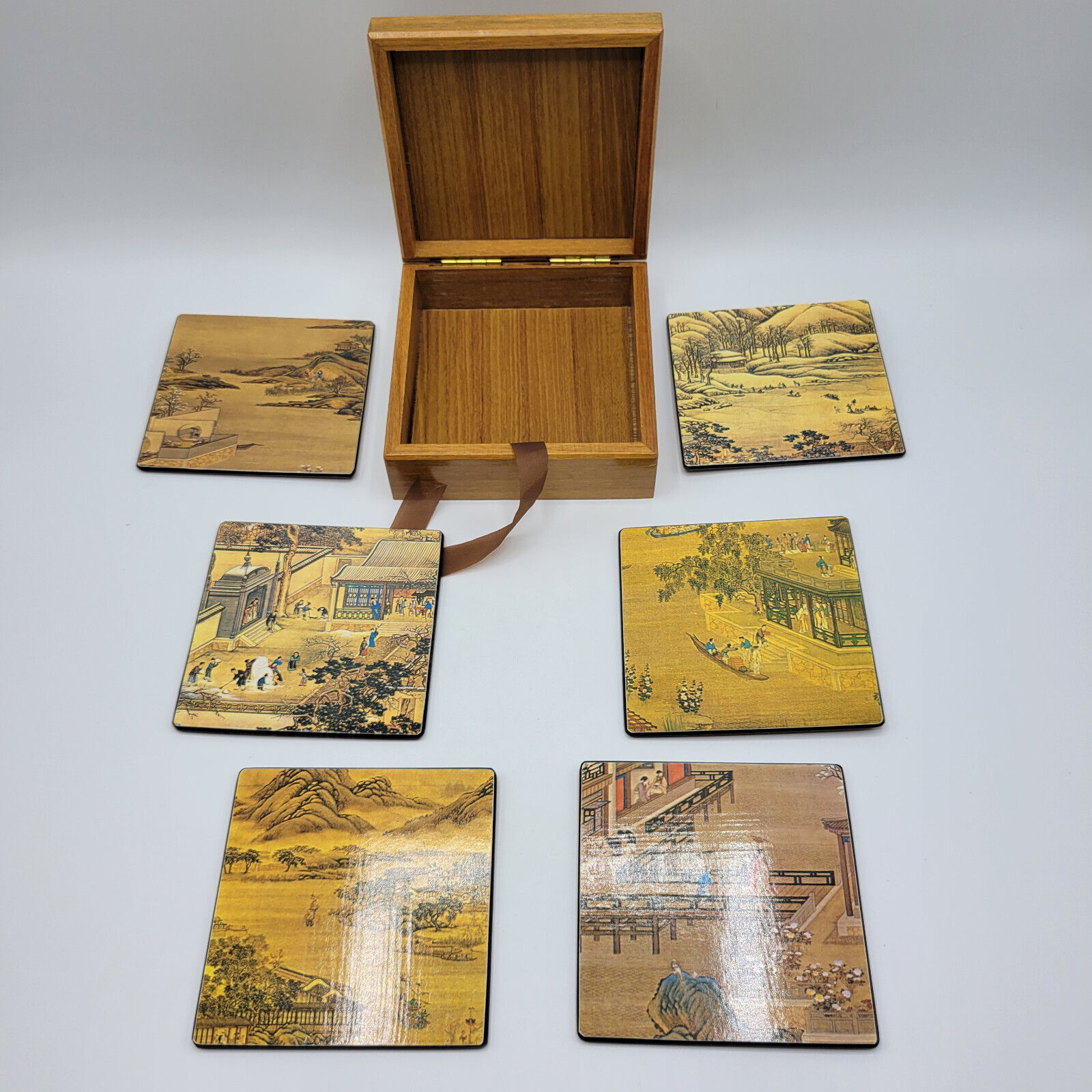 Vintage Asian Themed Wood Coasters Set Of 6 in Wood Box Table Home Decor