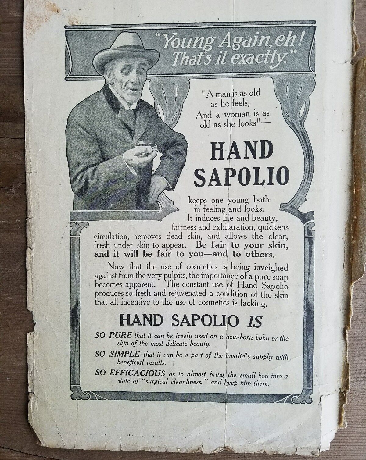 1906 HAND SAPOLIO SOAP a man is old as he feels ad