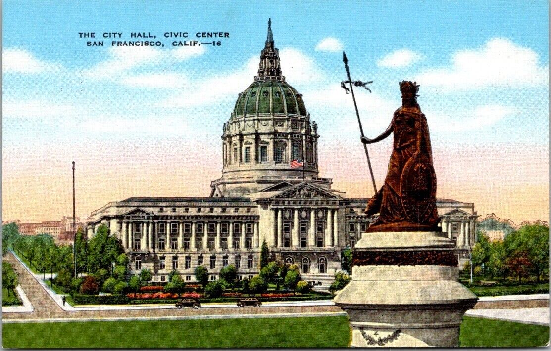 San Francisco California City Hall Building & Civic Center Minerva Statue UNP