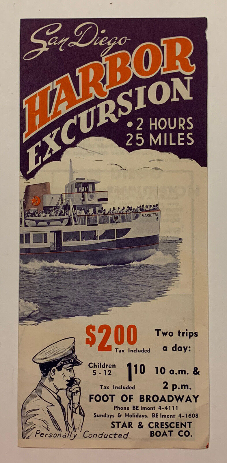 BROCHURE: 1950s SAN DIEGO HARBOR EXCURSION - Sightseeting - Star & Crescent Boat