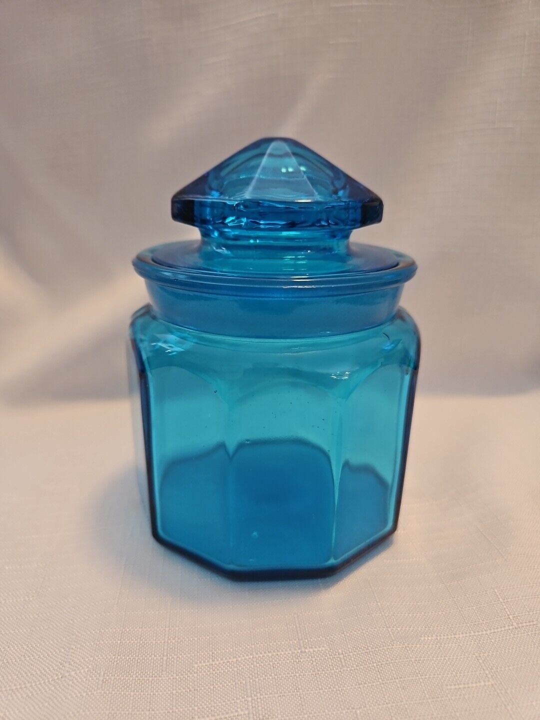 Vtg MCM LE Smith 10-Panel Blue Glass Lidded Canister Apothecary Jar 5.5”