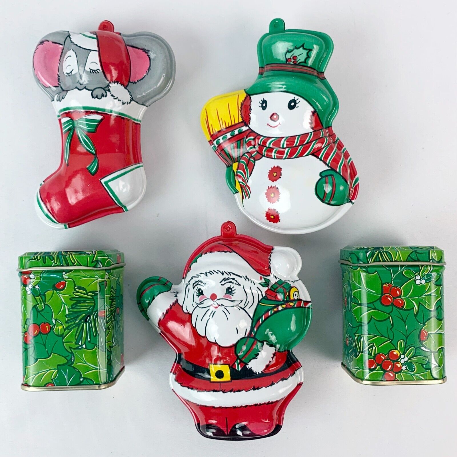 Vintage Christmas Tin and Ornament Box Set of 5 Santa Holly Berry Hong Kong S4