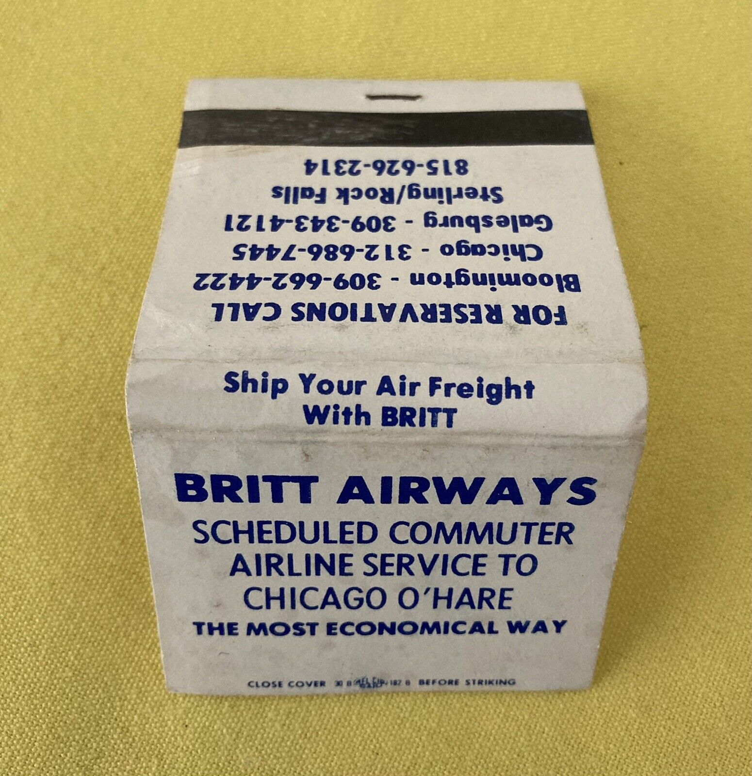 Britt Airways Commuter Airline Chicago O'Hare Struck Match Book 1970s/1980s