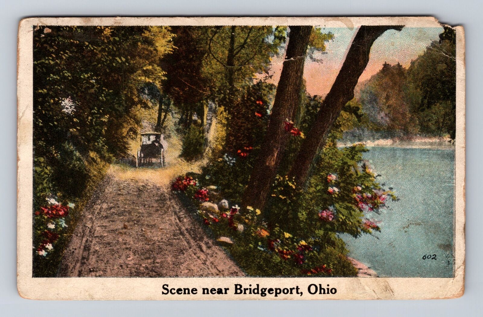Bridgeport OH-Ohio, Scenic River & Roadway, Carriage, Vintage c1919 Postcard