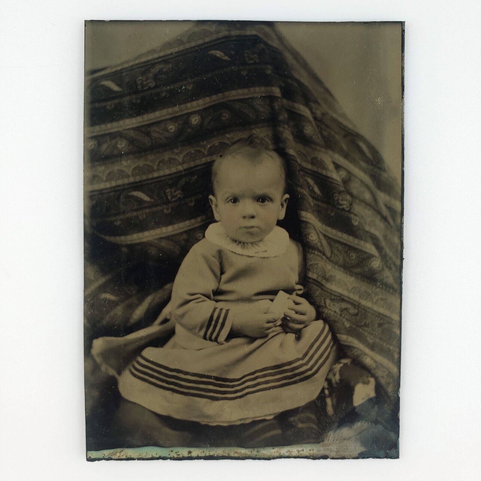 Hidden Mother Behind Baby Tintype c1870 Antique Child 1/6 Plate Kid Photo A4080