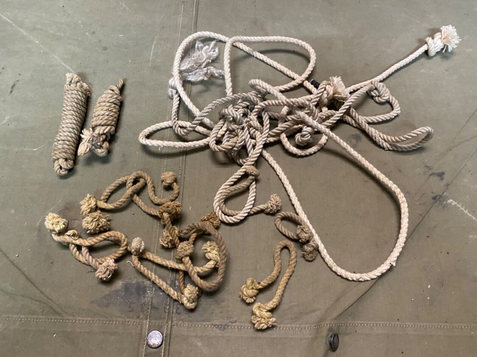 ORIGINAL WWI WWII US ARMY SHELTER HALF TENT ROPE TIE DOWN, END PEICES LOT