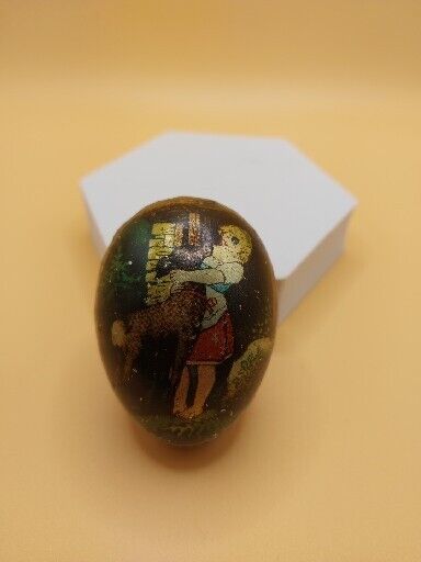 Antique German 1890-1910 Fairytail Tin Easter Egg Litho Girl With Deer.
