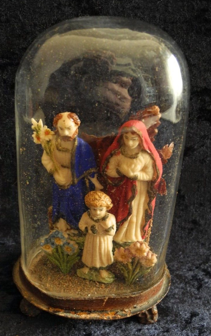 ANTIQUE 18TH / 19TH CENTURY MONASTERY WORK, GLASS CELL BREAD DOUGH Holy Family