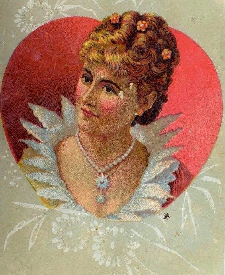 1870\'s-80\'s Victorian Trade Card Lovely Lady Big Red Heart &F
