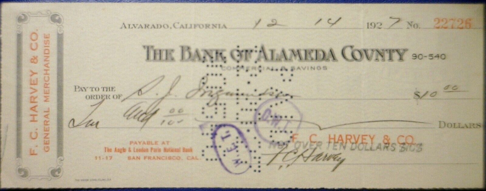 1927 The Bank of ALAMEDA County ALVARADO CALIFORNIA Check LOT #37  