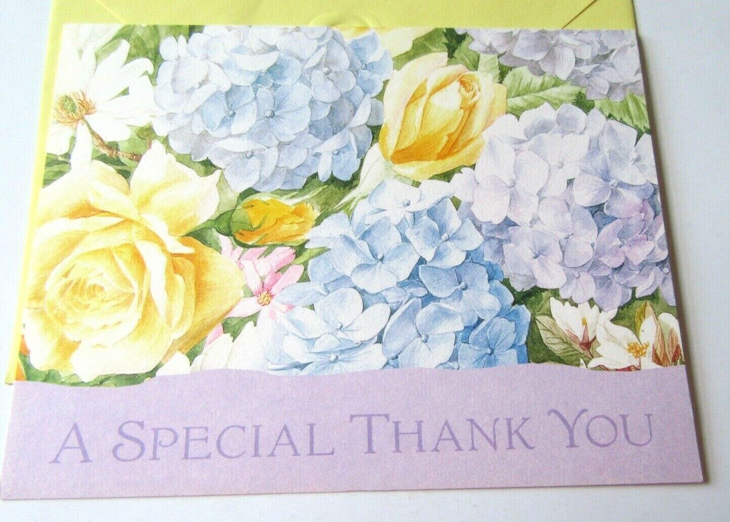 Vtg Greeting Card Blank Hydrangeas and Yellow Roses A Special Thank You