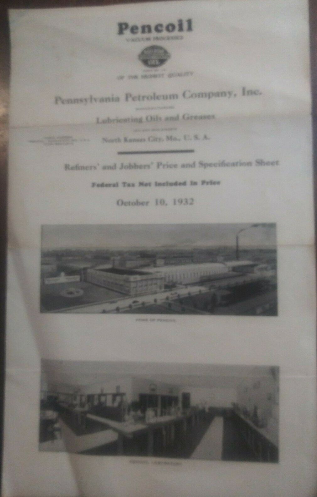 1932 Pencoil price & spec sheet / brochure, Pennsylvania Petroleum Co.