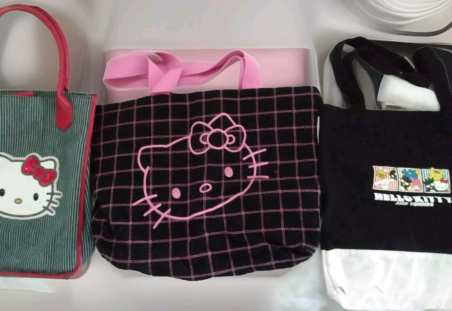 Lot Of 3 Hello Kitty Shopping Tote bags, Cotton Embroidery, Sequins Medium Large